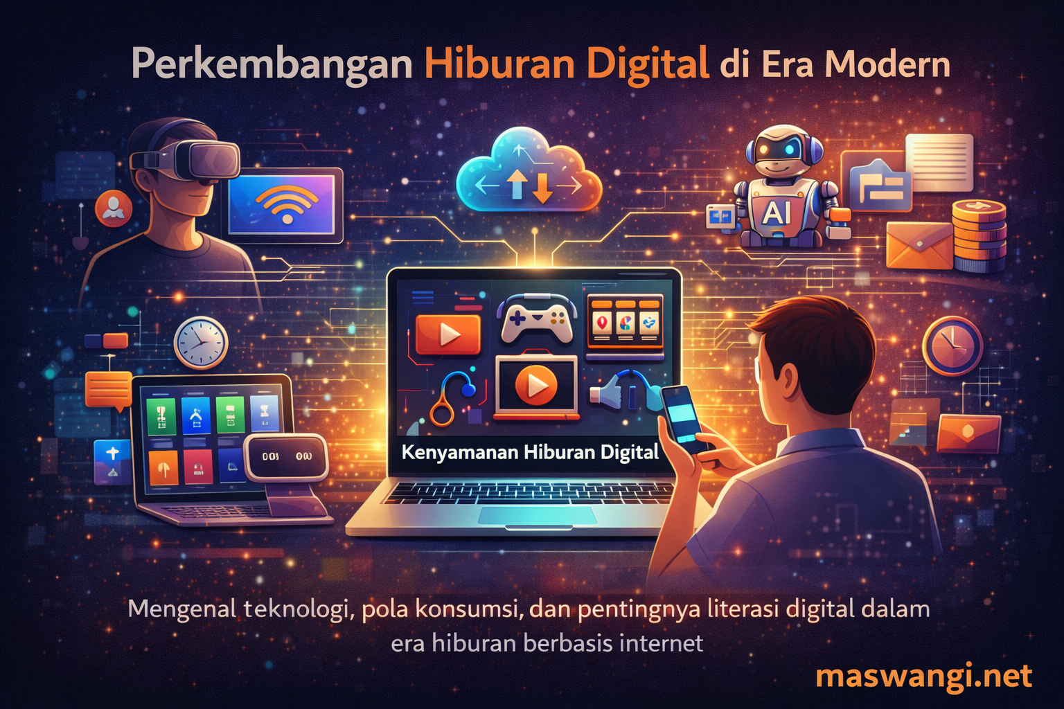 Ilustrasi perkembangan hiburan digital di era modern dengan pengguna dewasa dan berbagai perangkat teknologi.